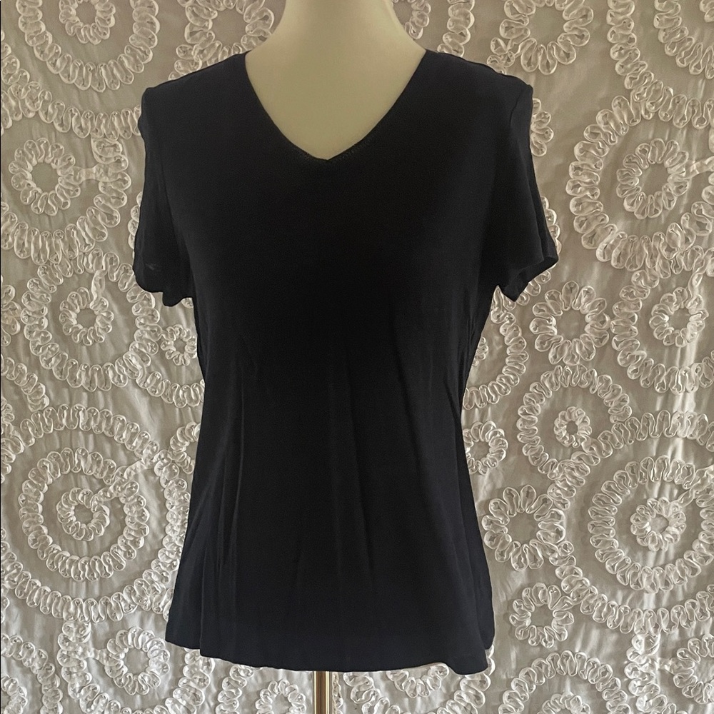 Charlie B Bamboo Navy blue V-Neck Women's Top Short sleeve shirt